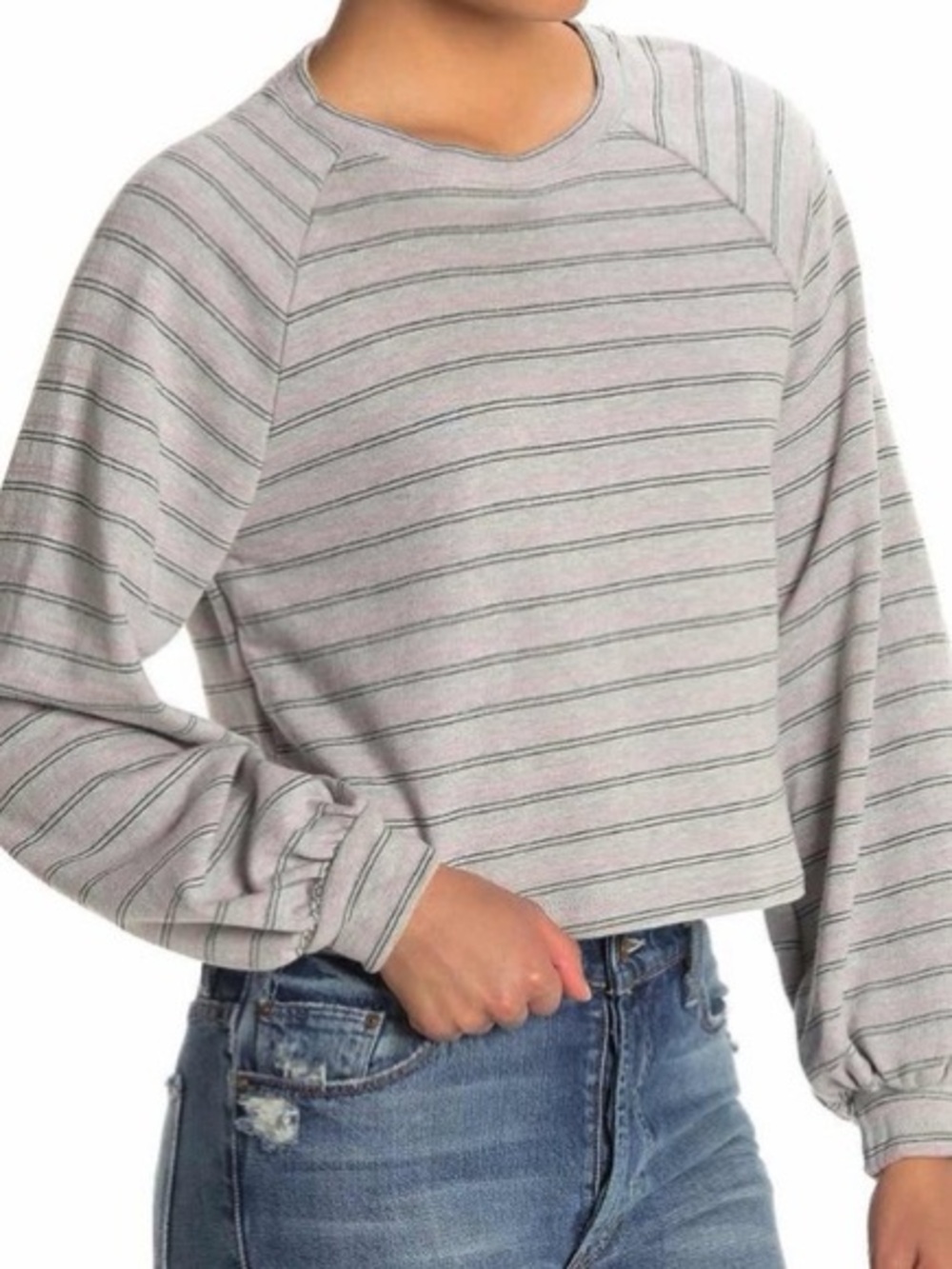 Lush Balloon Sleeve Cropped Stripe Sweater